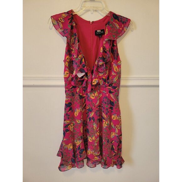RTR sz 2 Saloni Cece magenta pink floral ruffle hemline v neckline mini dress - Picture 4 of 7